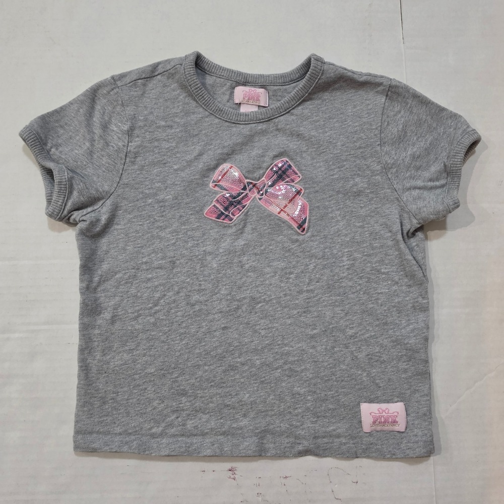 VS PINK x LoveShackFancy Cotton Baby Tee XS Extra Small Gray Pink Sequin